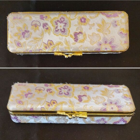 VTG Asian Silk Wrapped Floral Gold Purple Travel Jewelry Box with Mirror - Picture 3 of 15